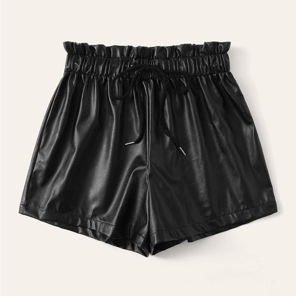 Black paperbag ruffle drawstring waist faux leather black high waisted shorts